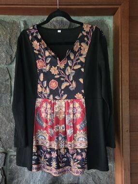 Black Tunic Top with Red & Gold Floral Panel